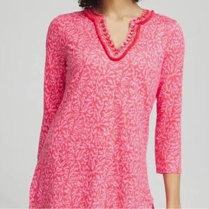 Chico’s 1 Linen Knit V-Neck Embellished Pink & Coral Flattering Classy Tunic